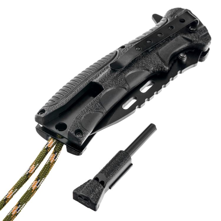 Nóż składany Mil-Tec Paracord Camo z krzesiwem i gwizdkiem