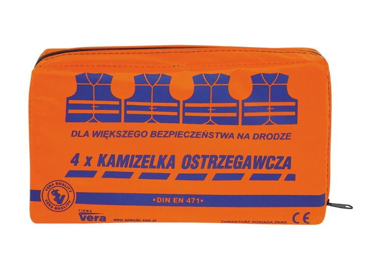 Zestaw 4 kamizelek ostrzegawczych w opakowaniu z tkaniny wodoodpornej Vera