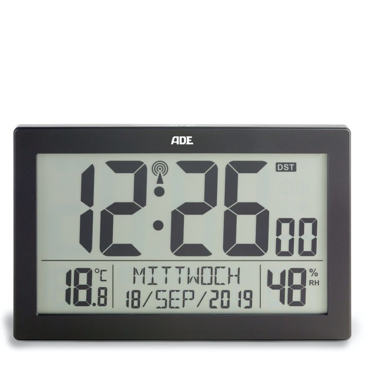 Zegar elektroniczny ADE z kalendarzem, termometrem, higrometrem i budzikiem, 22,5×3,5×14,5 cm