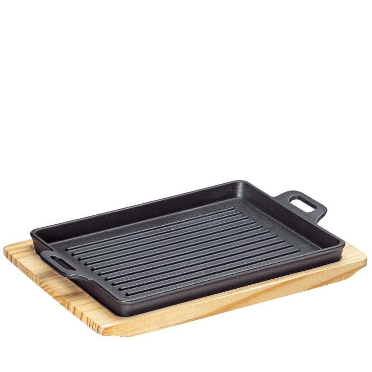 Patelnia grillowa na podstawce, 32 x 22 x 3,5 cm, żeliwo/drewno sosnowe BBQ / Kuchenprofi