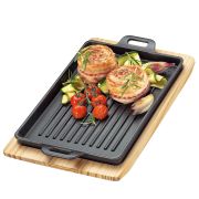 Patelnia grillowa na podstawce, 32 x 22 x 3,5 cm, żeliwo/drewno sosnowe BBQ / Kuchenprofi