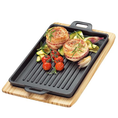 Patelnia grillowa na podstawce, 32 x 22 x 3,5 cm, żeliwo/drewno sosnowe BBQ / Kuchenprofi