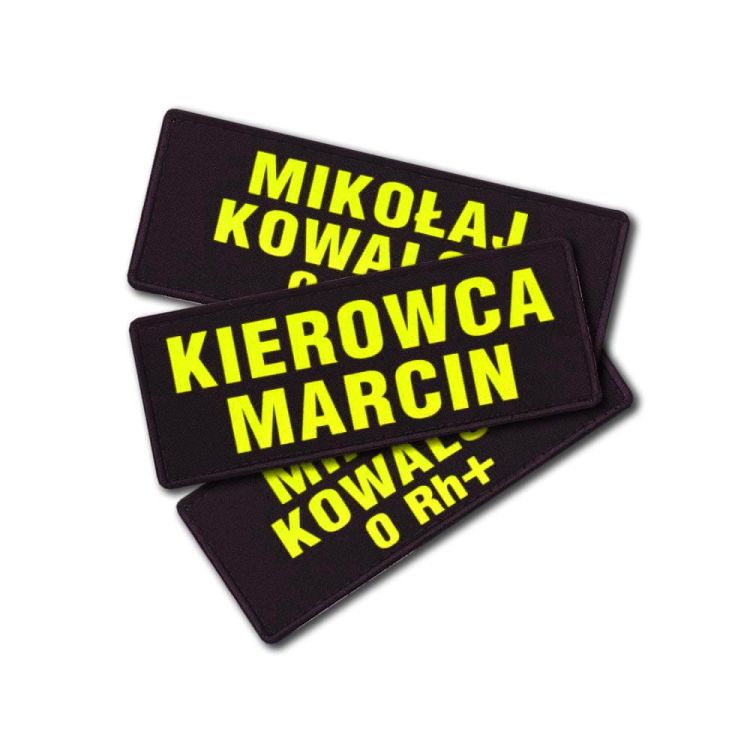 Imiennik YELLOW FLUO tło czarne 1-3 linijki tekstu na rzepie 13 x 5 cm