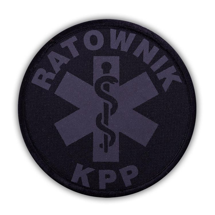 Emblemat CZARNY odblaskowy RATOWNIK KPP na rzepie 8,5 cm