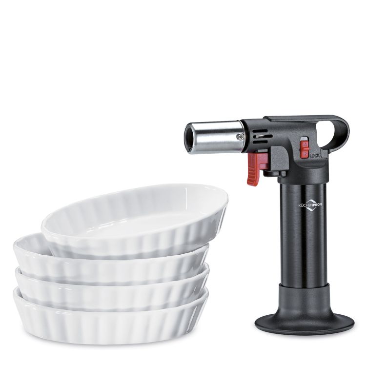 Zestaw do creme brulee Kuchenprofi Eco, 5 el., palnik + 4 porcelanowe miseczki