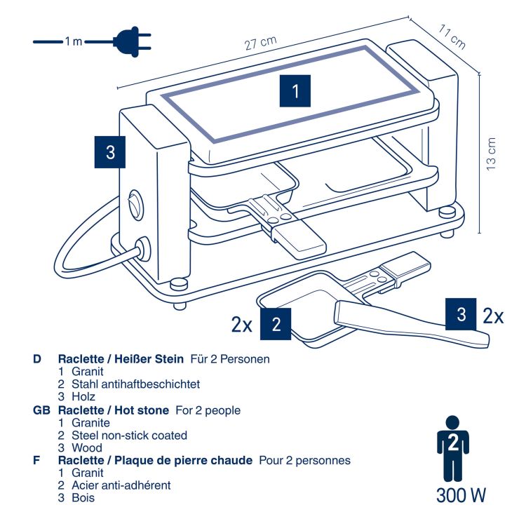 Raclette grill stołowy Kela Bedretto, dla 2 os., granit/stal/drewno, 27 x 11 x 13 cm