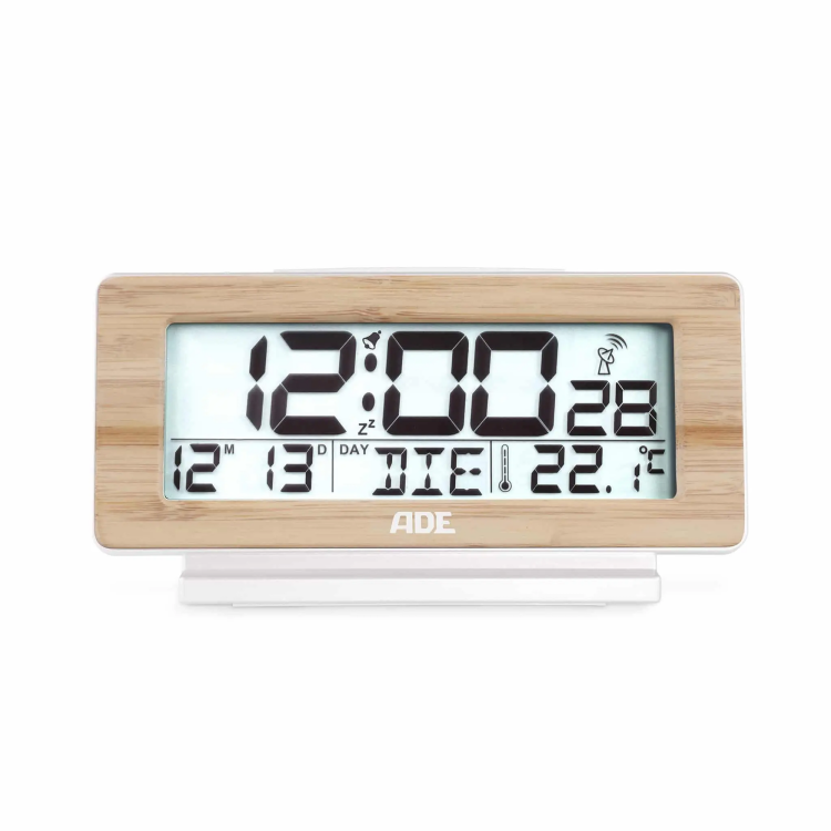 Budzik elektroniczny z kalendarzem i termometrem ADE, 12,5 x 4 x 8,5 cm, bambusowa rama