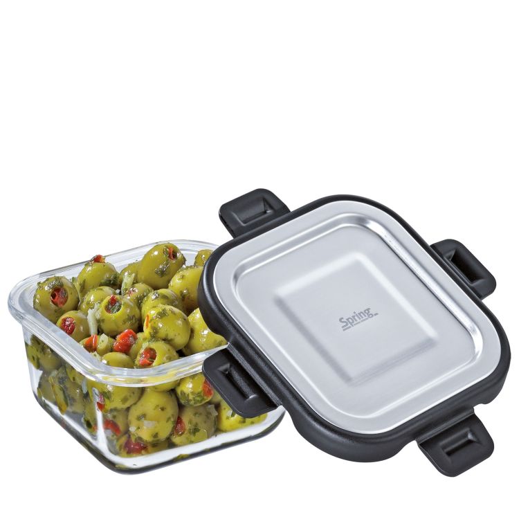 Pojemnik na żywność Spring Tools Fusion2+, szkło borokrzemowe/stal nierdzewna, 0,32 l, 11,5 x 11,5 x 6 cm