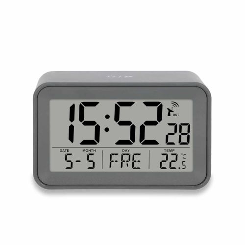 Zegar elektroniczny z kalendarzem i termometrem ADE, 10,5 x 6,5 x 4 cm, szary