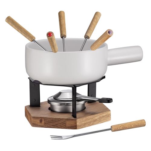 Zestaw do fondue Spring Winterthur, dla 6 os., 8 el., ceramika/metal/drewno dębowe, 1,8 l, śred. 20 cm, biały