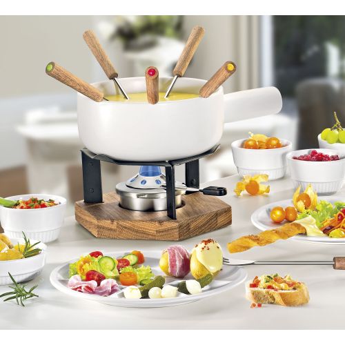 Zestaw do fondue Spring Winterthur, dla 6 os., 8 el., ceramika/metal/drewno dębowe, 1,8 l, śred. 20 cm, biały