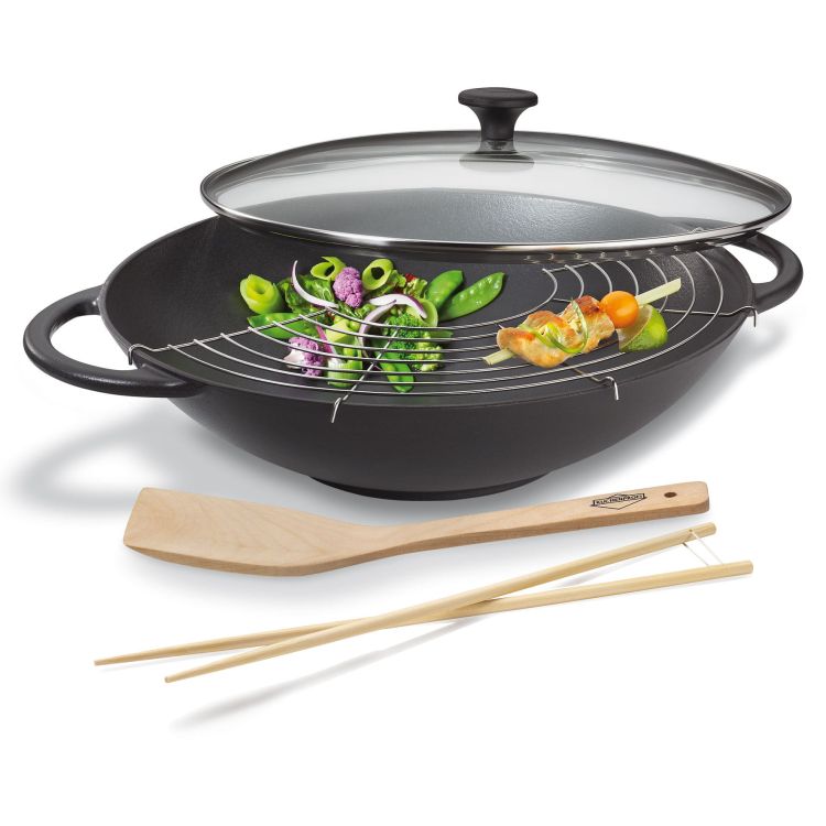 Wok Küchenprofi Provence żeliwny z rusztem, śred. 36, czarny