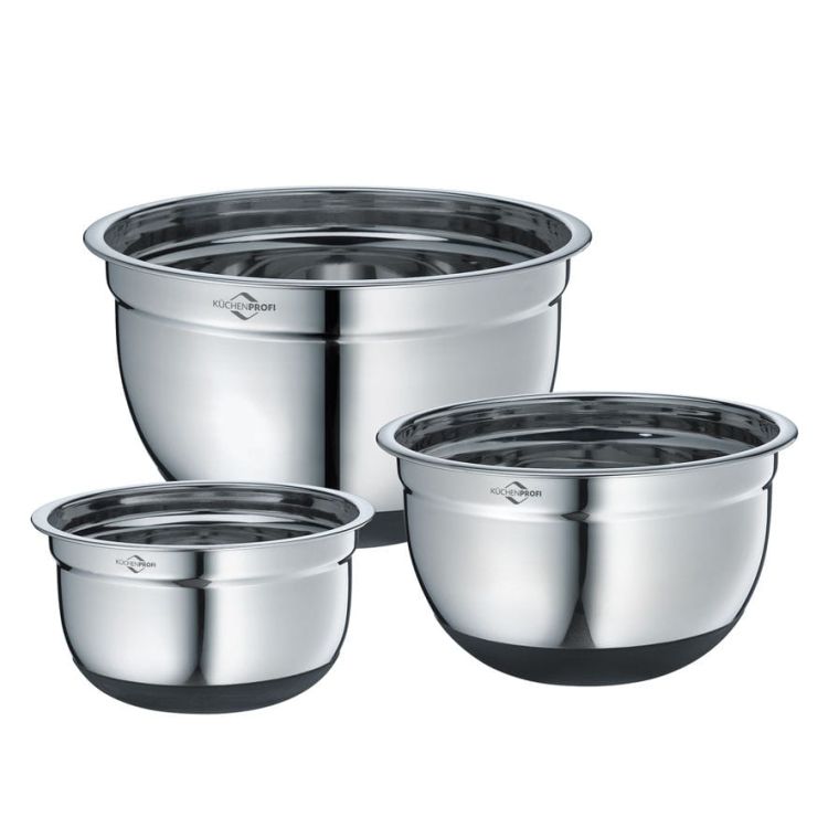 3 Kuchenprofi stalowe miski z antyposlizgowym spodem, śred.16, 20, 24 cm; 1,5, 2,6, 4,8 l