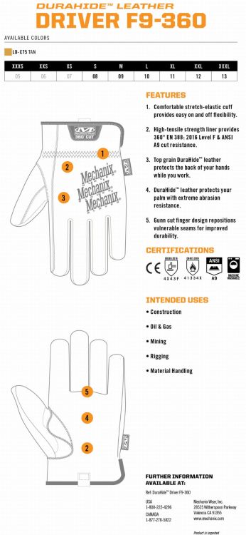 Rękawice Mechanix DuraHide® Driver F9-360 TAN