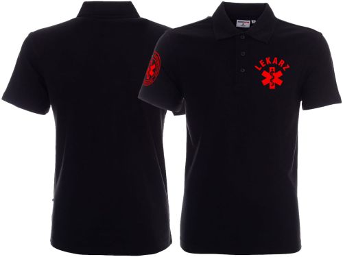 Koszulka Polo ratownicza czarna męska FUNKCYJNA - nadruk FLUO przód + rękawek
