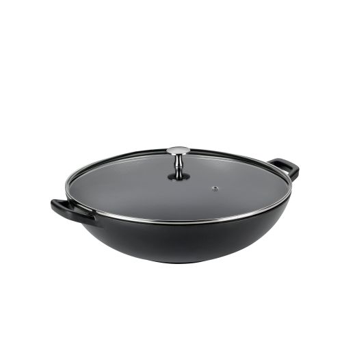 Wok ze szklaną pokrywą Kela, żeliwo emaliowane, śred.36 cm, 4 l, wys. 10 cm, czarny
