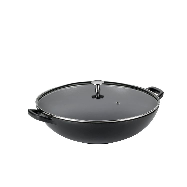 Wok ze szklaną pokrywą Kela, żeliwo emaliowane, śred.36 cm, 4 l, wys. 10 cm, czarny