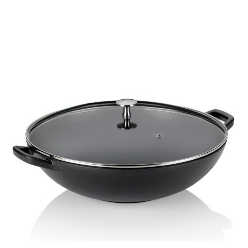 Wok ze szklaną pokrywą Kela, żeliwo emaliowane, śred.36 cm, 4 l, wys. 10 cm, czarny
