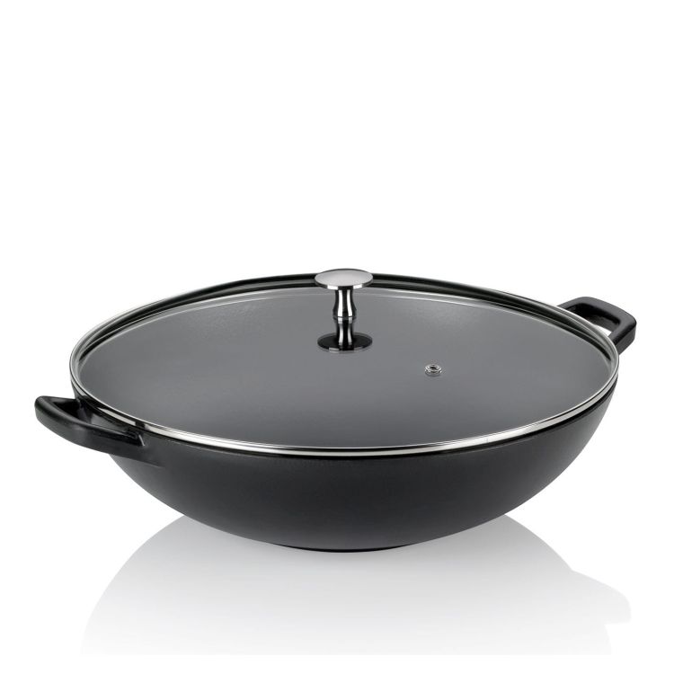 Wok ze szklaną pokrywą Kela, żeliwo emaliowane, śred.36 cm, 4 l, wys. 10 cm, czarny