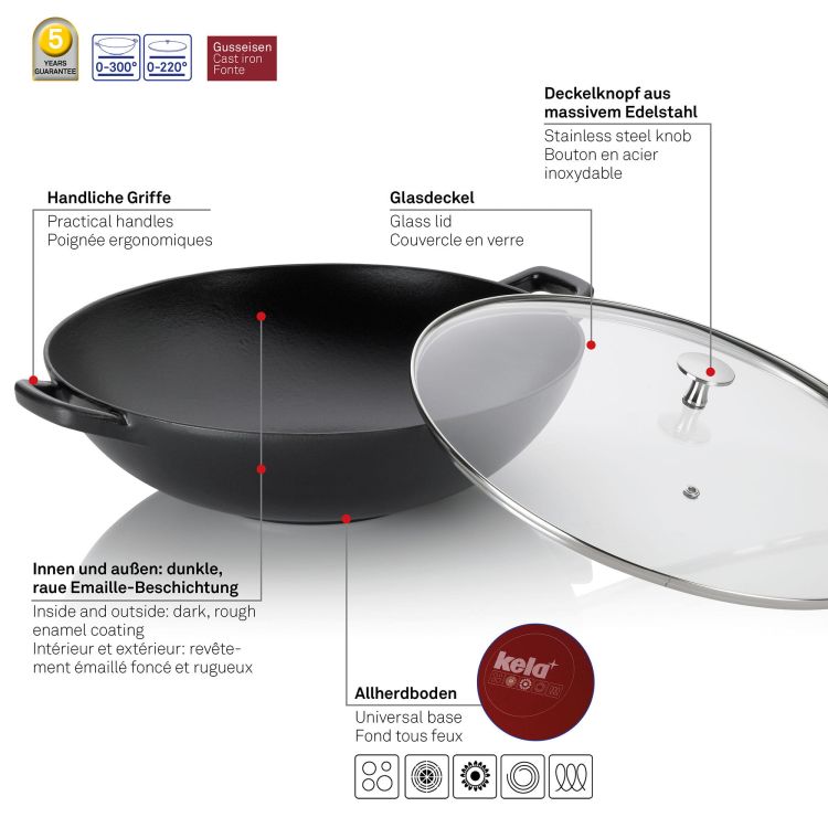 Wok ze szklaną pokrywą Kela, żeliwo emaliowane, śred.36 cm, 4 l, wys. 10 cm, czarny