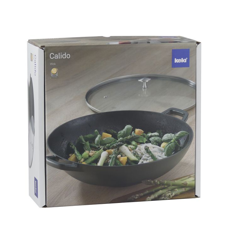 Wok ze szklaną pokrywą Kela, żeliwo emaliowane, śred.36 cm, 4 l, wys. 10 cm, czarny
