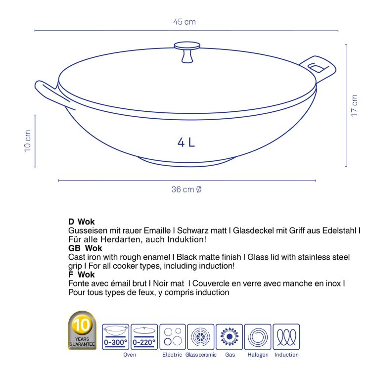 Wok ze szklaną pokrywą Kela, żeliwo emaliowane, śred.36 cm, 4 l, wys. 10 cm, czarny