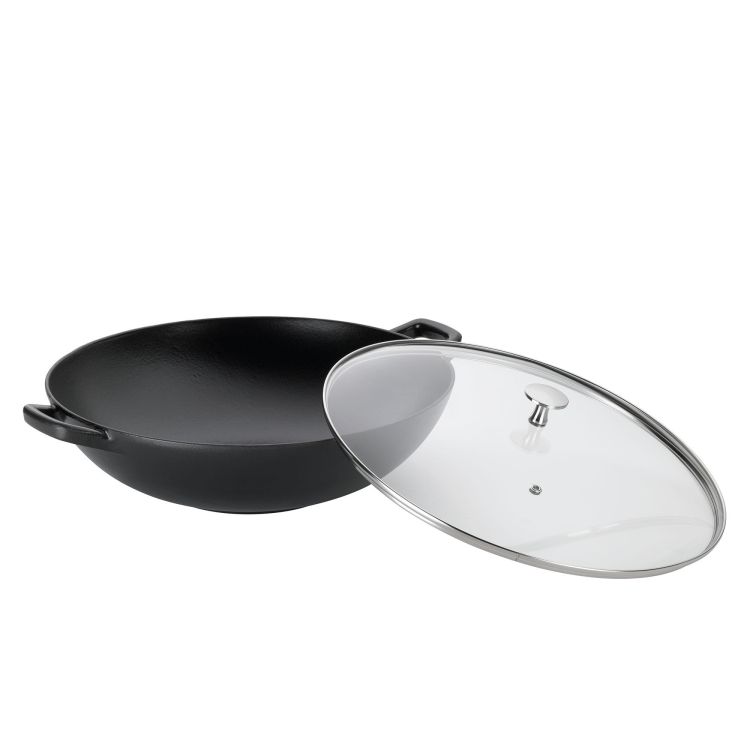 Wok ze szklaną pokrywą Kela, żeliwo emaliowane, śred.36 cm, 4 l, wys. 10 cm, czarny