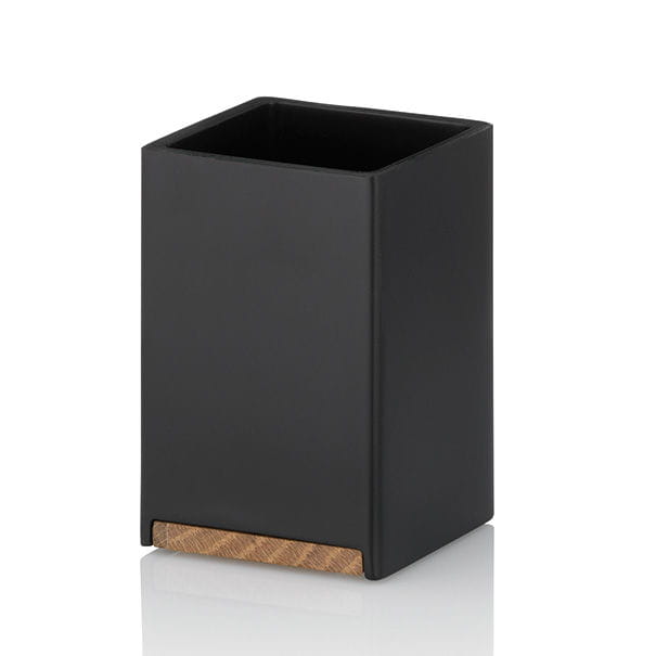 Kubek łazienkowy Kela Cube, żywica polimerowa/drewno dębowe, 7 x 7 x 11 cm, czarny