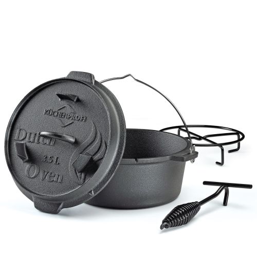 Garnek żeliwny Kuchenprofi Dutch Oven, z akcesoriami do używania na grillu i nad ogniskiem, 3,5 l, śred. 24 x 13,5 cm