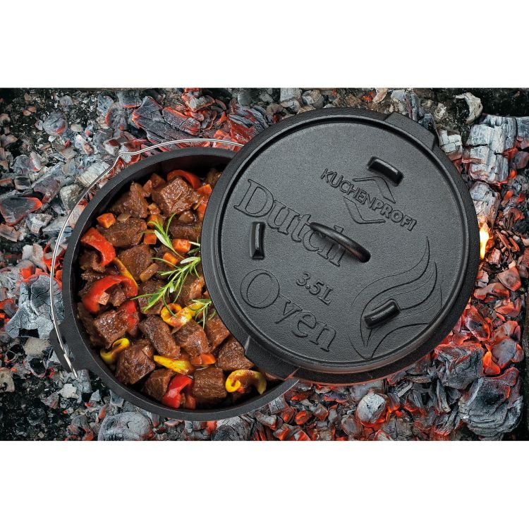 Garnek żeliwny Kuchenprofi Dutch Oven, z akcesoriami do używania na grillu i nad ogniskiem, 3,5 l, śred. 24 x 13,5 cm