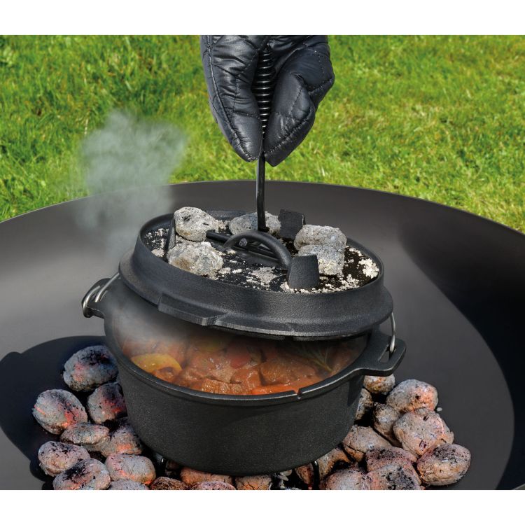 Garnek żeliwny Kuchenprofi Dutch Oven, z akcesoriami do używania na grillu i nad ogniskiem, 3,5 l, śred. 24 x 13,5 cm